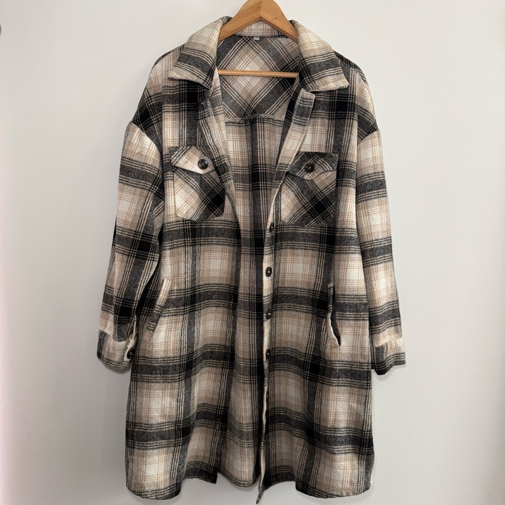 Plaid Women's Jacket - Black and Cream over coat shacket